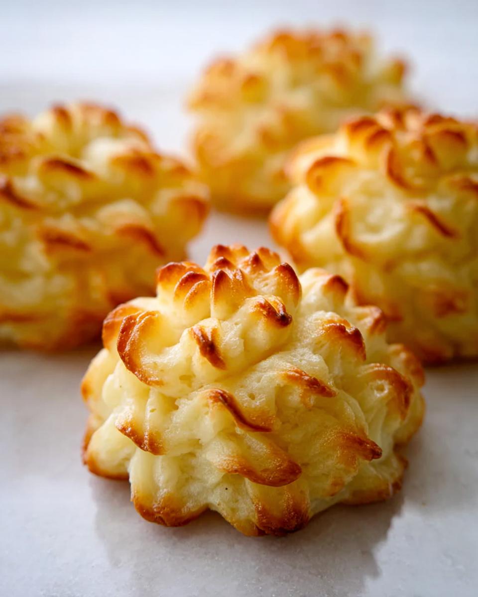 Close-up of perfectly piped and baked Duchess Potatoes with golden brown, crispy edges.