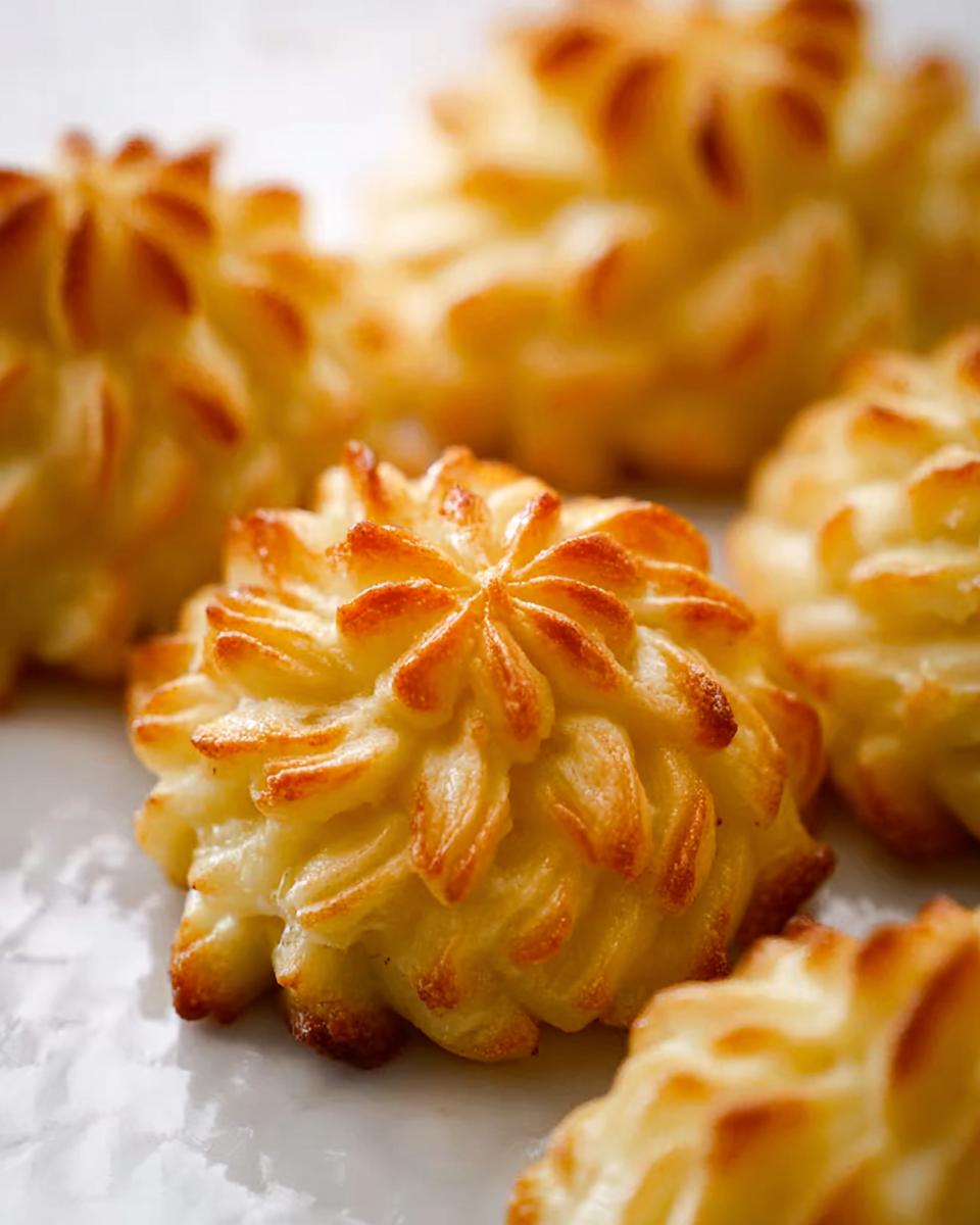 Close-up of perfectly piped and baked Duchess Potatoes with golden brown, crispy edges.