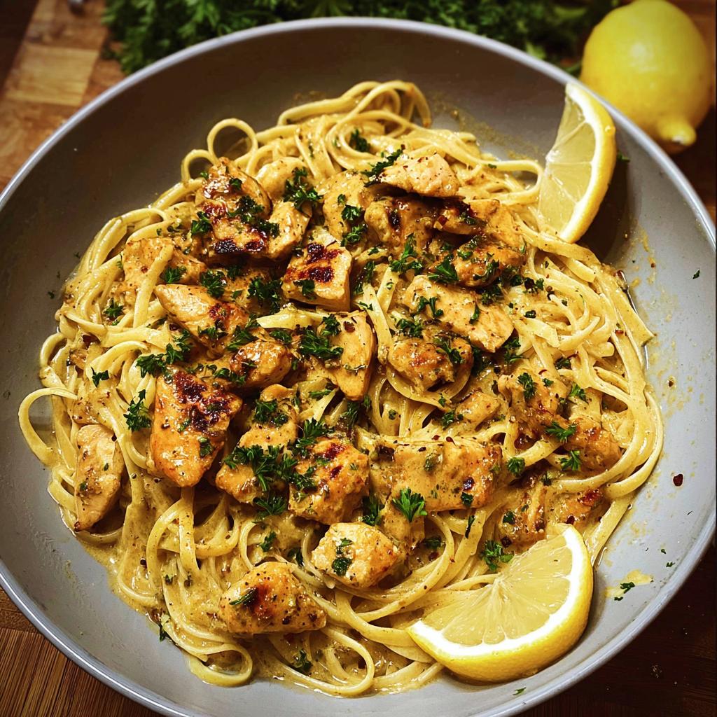 A bowl of Easy Cowboy Butter Chicken Linguine topped with parsley and lemon wedges.