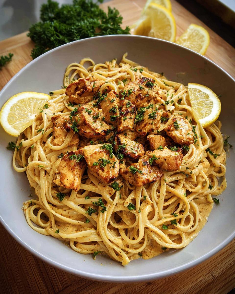 A close-up of Easy Cowboy Butter Chicken Linguine topped with seasoned chicken pieces and fresh parsley.