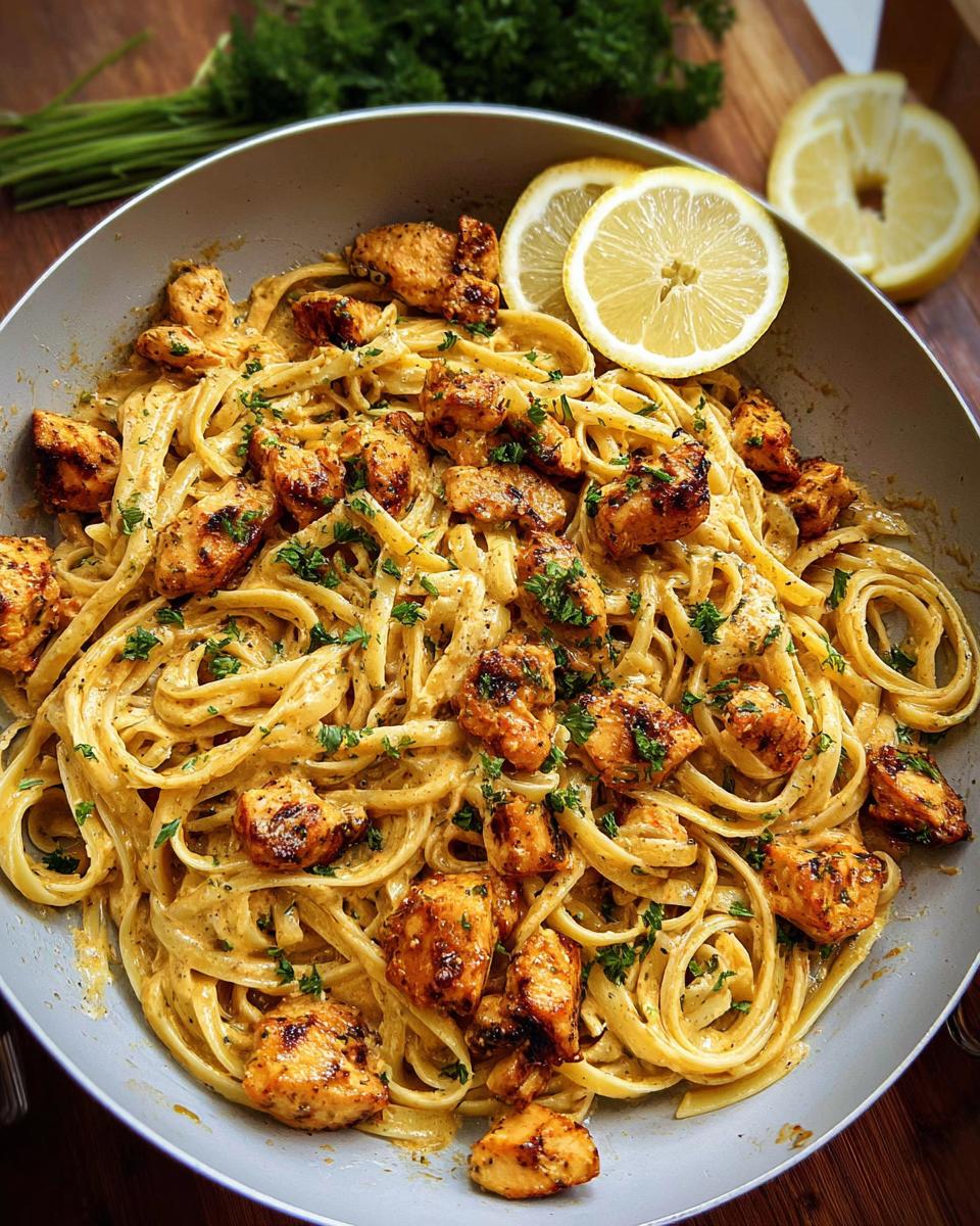 Close-up of Easy Cowboy Butter Chicken Linguine tossed in a creamy sauce, garnished with parsley and lemon slices.