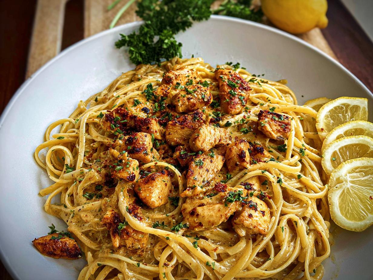 Close-up of Easy Cowboy Butter Chicken Linguine tossed in a creamy sauce, garnished with parsley and lemon slices.