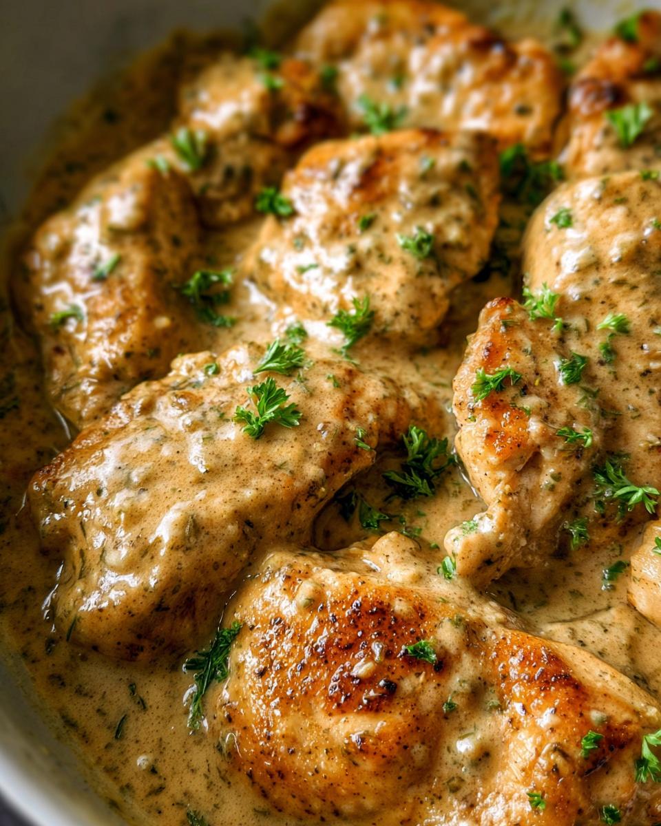 Close-up of seared chicken breasts smothered in a thick, creamy ranch sauce and garnished with fresh parsley.