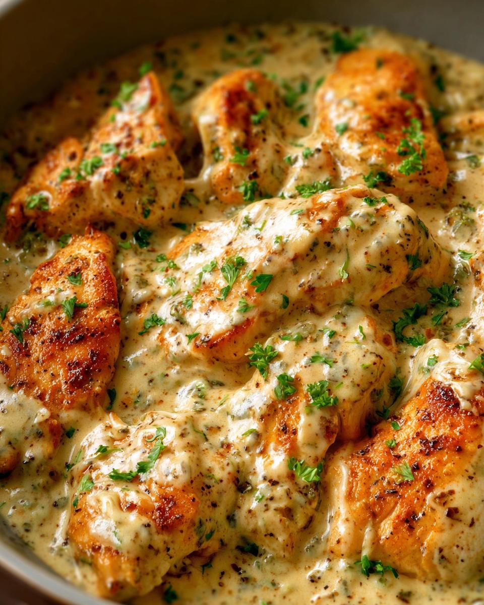 Close-up of seared chicken breasts smothered in a thick, creamy ranch sauce and garnished with fresh parsley.