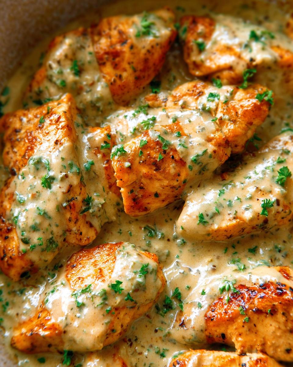 Close-up of seared chicken breasts smothered in a thick, creamy ranch sauce and garnished with parsley for the Easy Creamy Ranch Chicken Recipe.