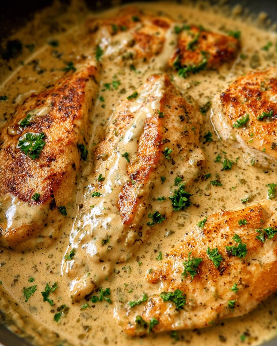 Close-up of seared chicken breasts simmering in a rich, Easy Creamy Ranch Chicken Recipe sauce, garnished with parsley.