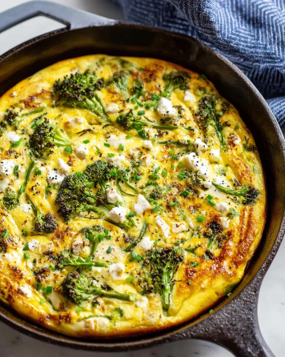 A golden-brown frittata with broccoli florets and crumbled feta cheese baked in a cast-iron skillet, a perfect easy dinner recipe.