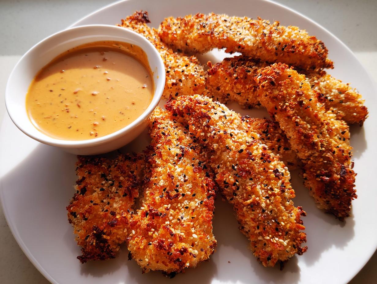 Crispy baked chicken tenders coated in sesame seeds and spices, served with a creamy dipping sauce, part of the Ultimate Easy Dinner Recipes Guide.