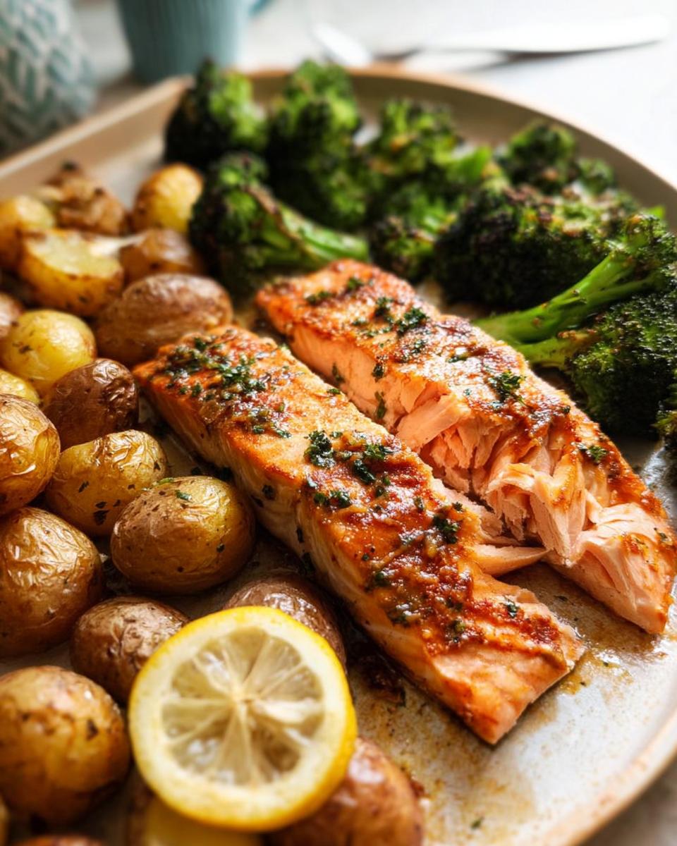 Close-up of a one-pan meal featuring flaky salmon fillets, roasted baby potatoes, and charred broccoli, a perfect easy dinner recipe.
