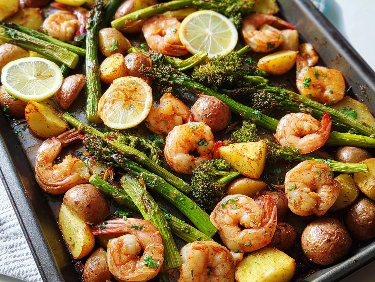 A close-up of a sheet pan filled with roasted shrimp, potatoes, and asparagus, seasoned with lemon and herbs. Part of the best easy dinner recipes.