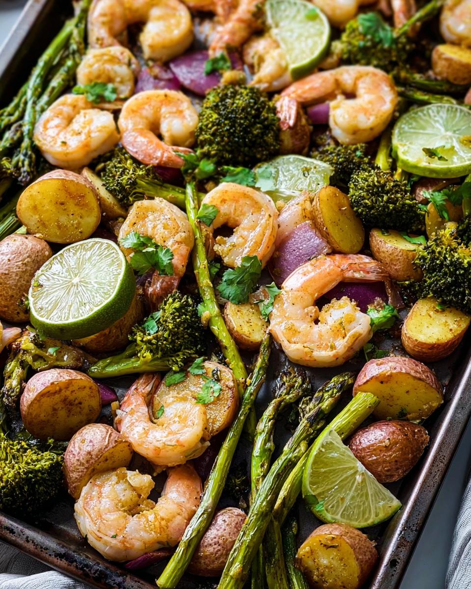 Close-up of a sheet pan dinner with crispy shrimp, roasted potatoes, broccoli, asparagus, and lime wedges.