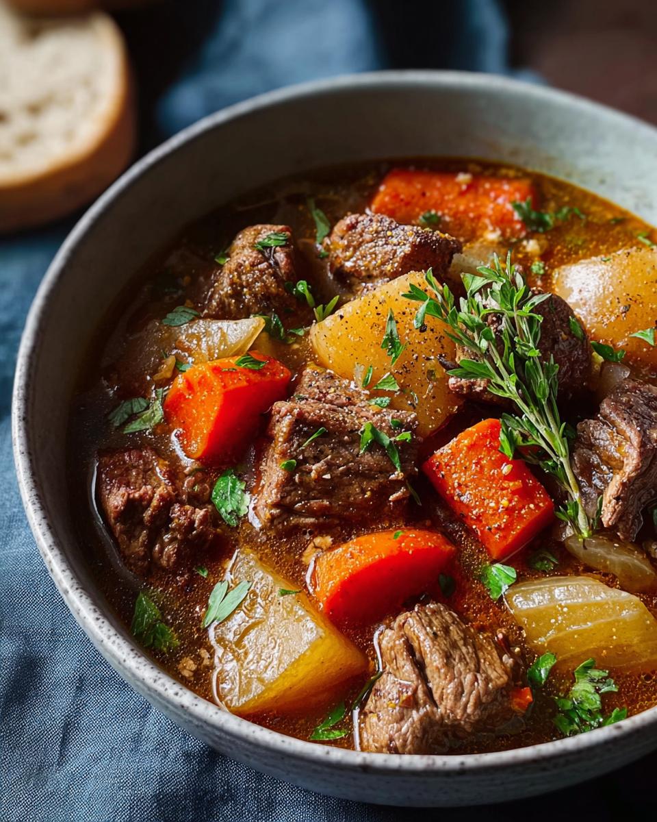 A close-up of a steaming bowl of beef stew, featuring tender chunks of beef, carrots, and potatoes, garnished with fresh herbs.