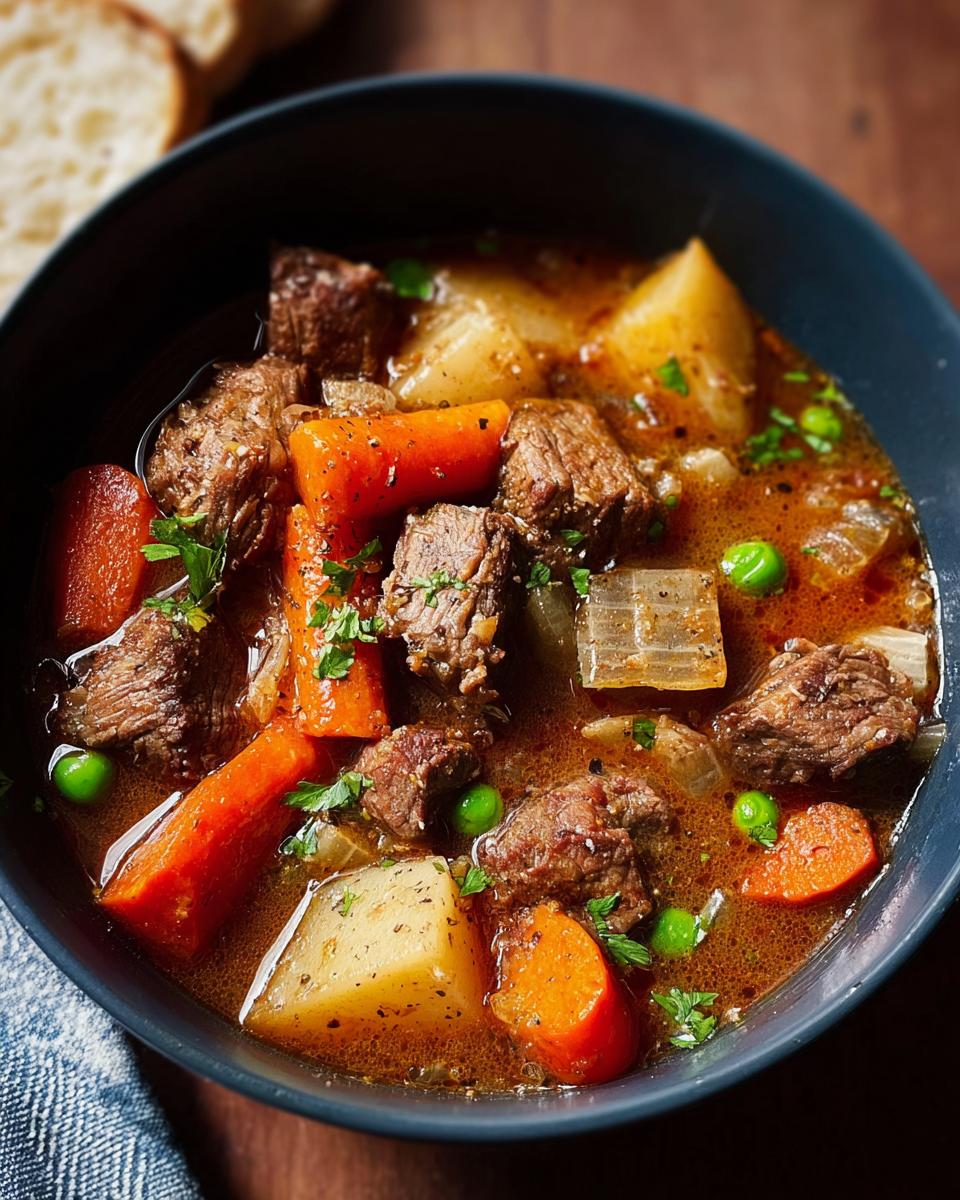 A close-up of a bowl of hearty beef stew, featuring tender beef chunks, carrots, potatoes, and peas, perfect for easy dinner recipes in 20 minutes.