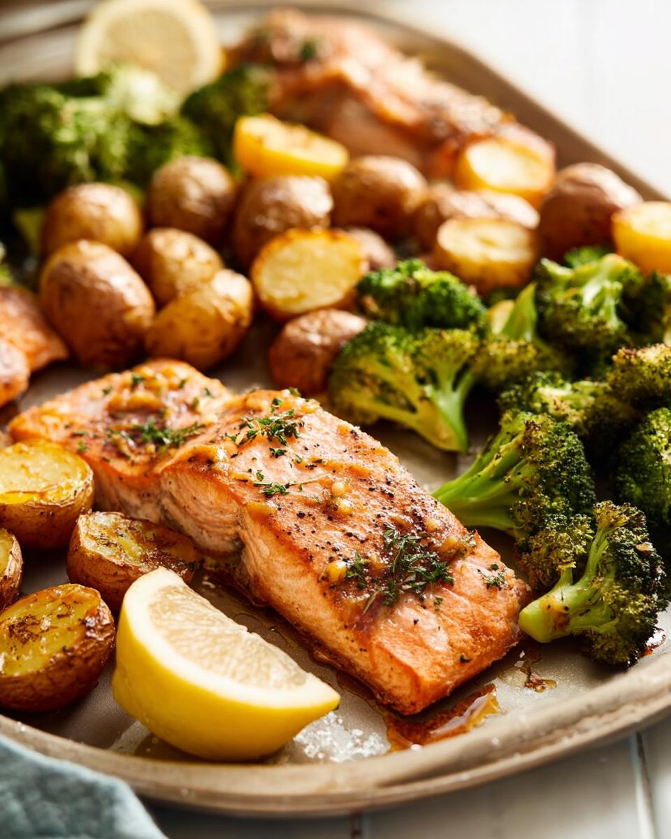 A close-up of a delicious one-pan meal featuring salmon fillets, roasted potatoes, and broccoli, perfect for easy dinner recipes.