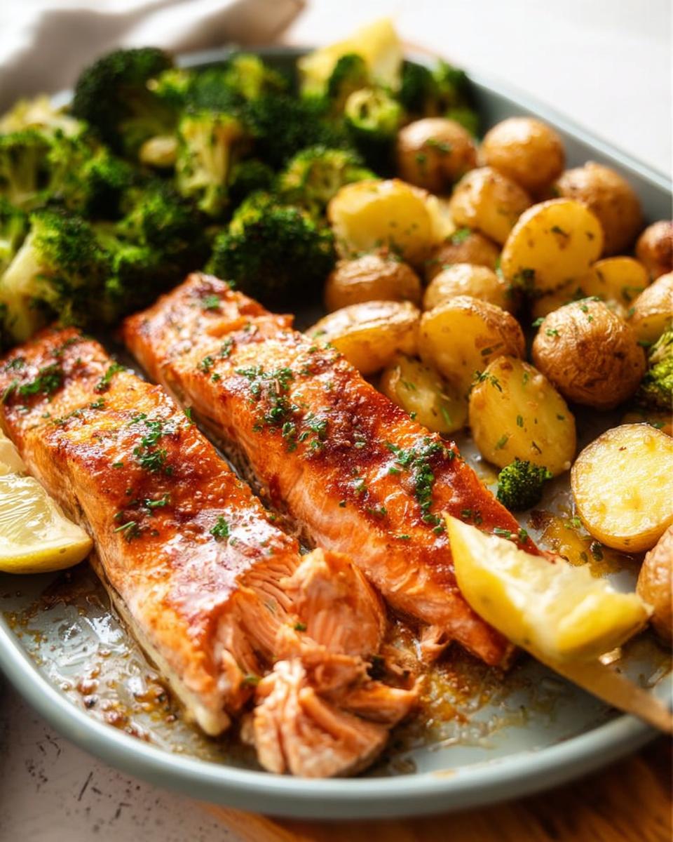 Close-up of a one-pan meal featuring glazed salmon fillets, roasted baby potatoes, and broccoli florets, perfect for easy dinner recipes.