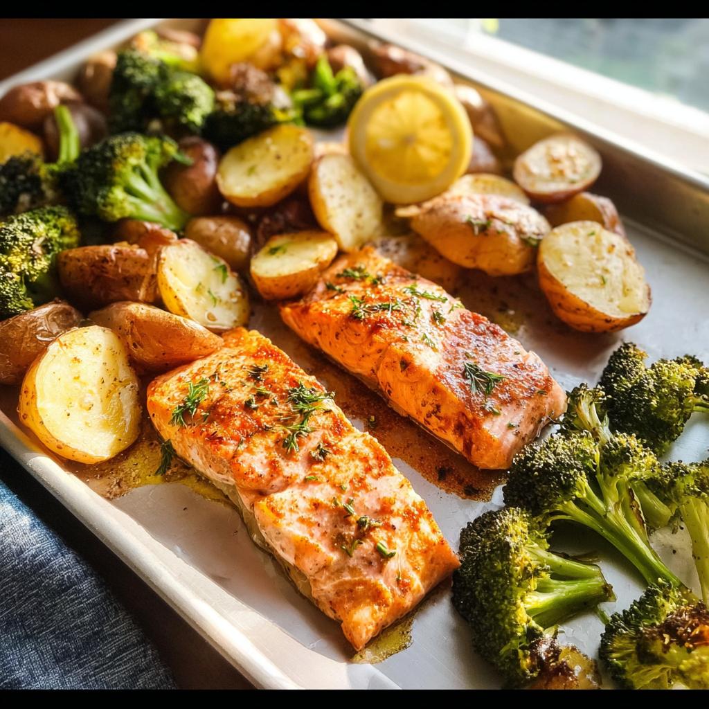 Two salmon fillets roasted with broccoli and potatoes on a baking sheet, a lemon slice on top. Easy Dinner Recipes Recipe Everyone Asks For.