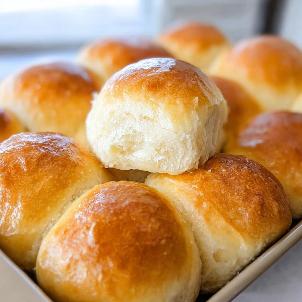 Close-up of freshly baked, golden-brown dinner rolls stacked in a baking pan, perfect for easy dinner recipes.