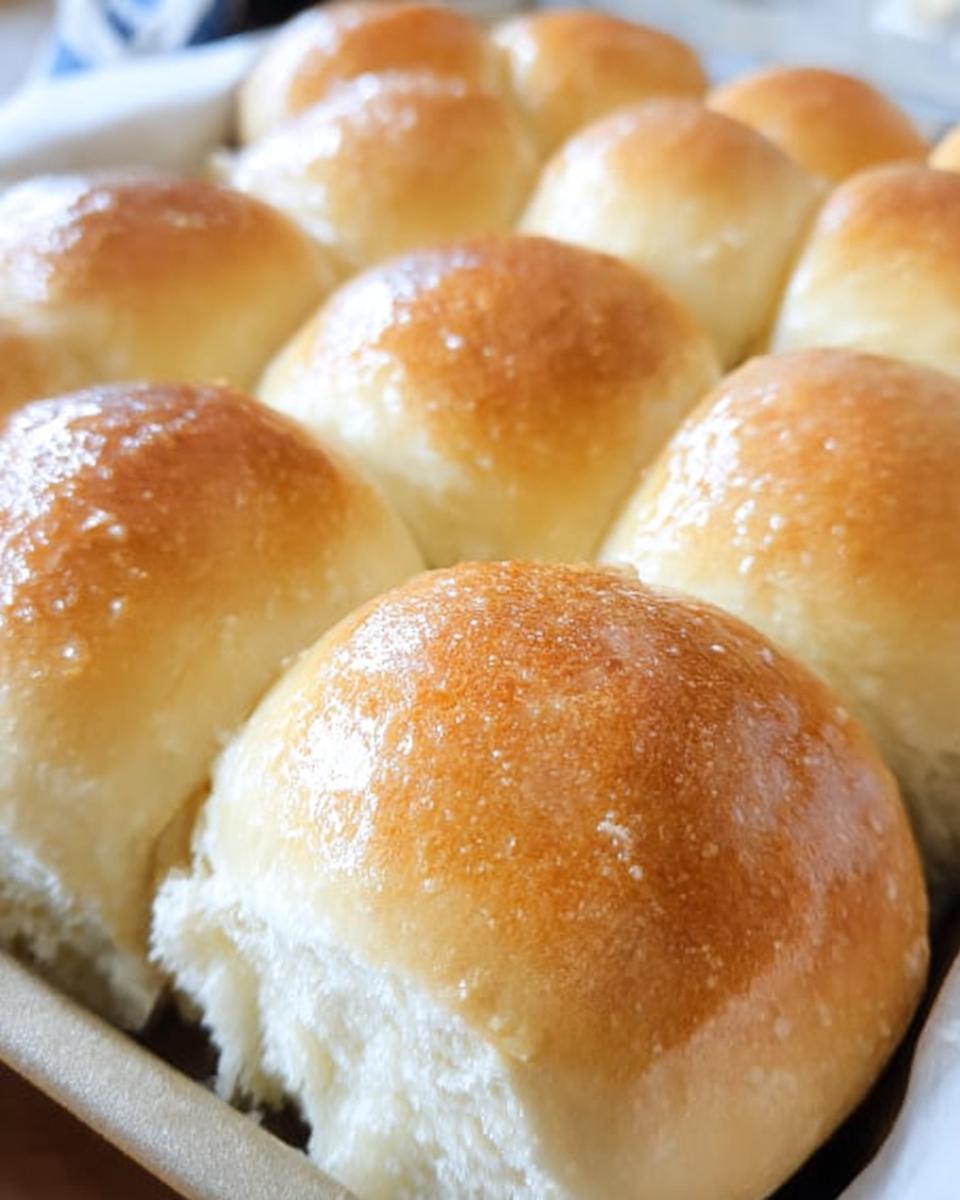 Close-up of golden-brown, fluffy dinner rolls, perfect for easy dinner recipes.