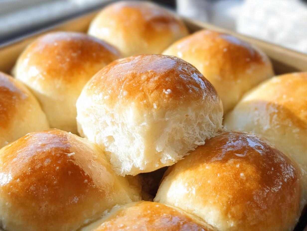 Close-up of golden-brown, fluffy dinner rolls, perfect for easy dinner recipes.
