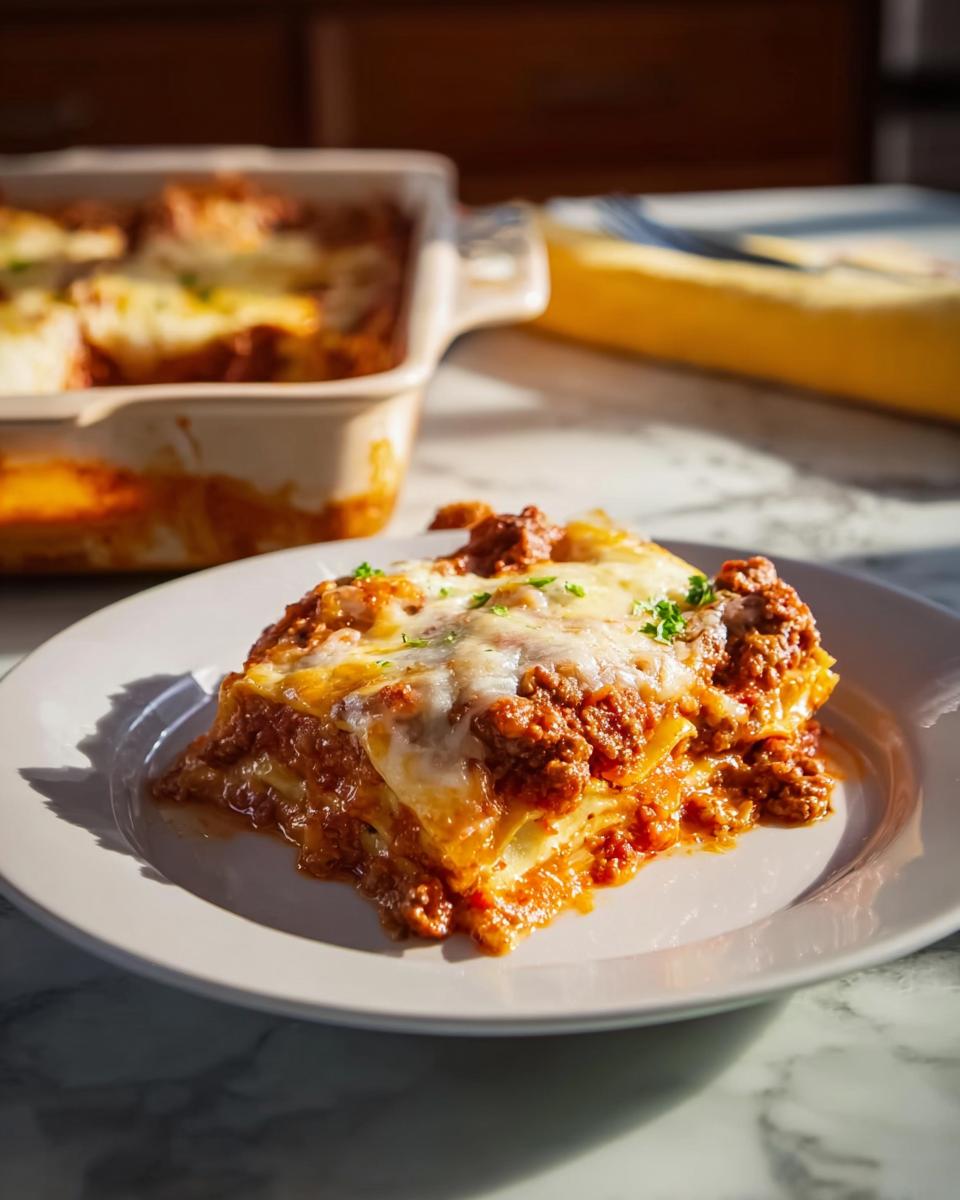 A generous slice of cheesy, meaty lasagna served on a plate, perfect for an Easy Lasagna Dinner for Busy Families.