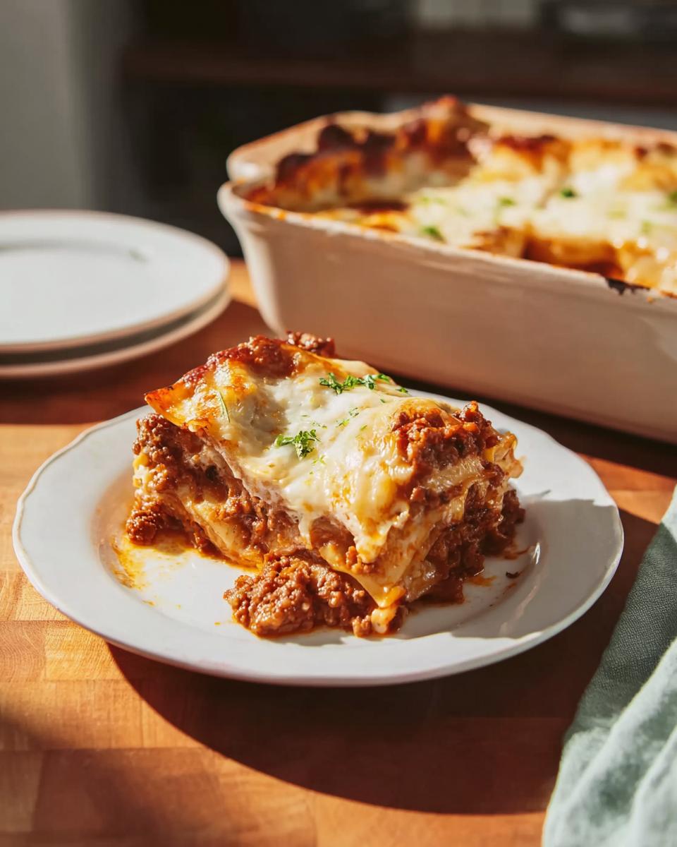 A generous slice of cheesy, meaty Easy Lasagna Dinner for Busy Families on a white plate.