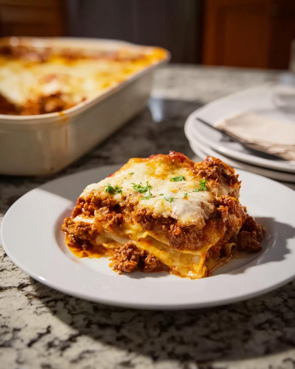 A generous slice of Easy Lasagna Dinner for Busy Families with rich meat sauce and melted cheese.