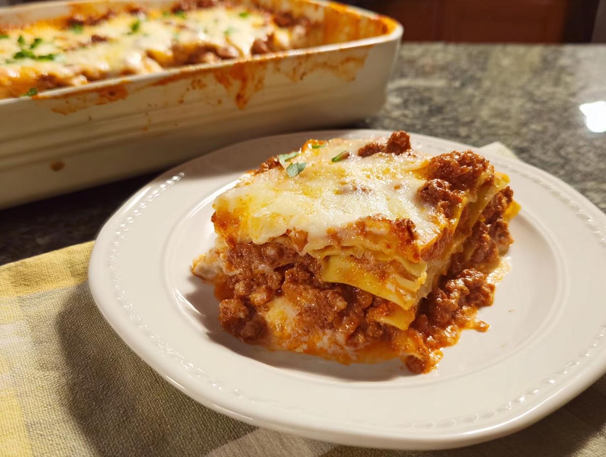 A hearty slice of Easy Lasagna Dinner for Busy Families served on a white plate with a baking dish in the background.