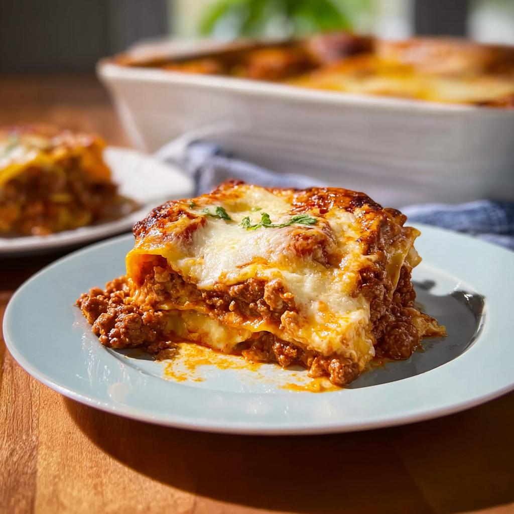 A generous slice of cheesy, saucy lasagna ready for an Easy Lasagna Dinner for Busy Families.