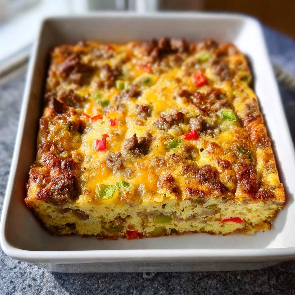 A golden-brown Easy Overnight Breakfast Casserole baked in a white square dish, topped with sausage and peppers.