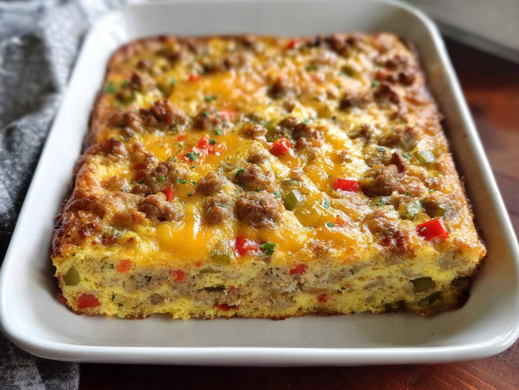 A square portion of Easy Overnight Breakfast Casserole topped with melted cheese and sausage crumbles.