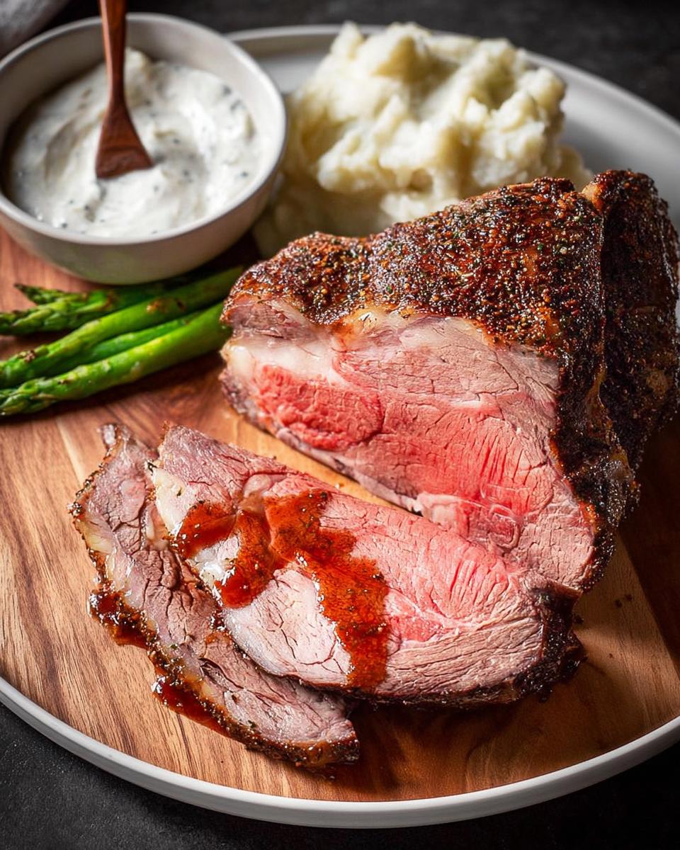 A perfectly cooked Easy Prime Rib for Busy Hosts, sliced medium-rare and served with mashed potatoes and horseradish sauce.