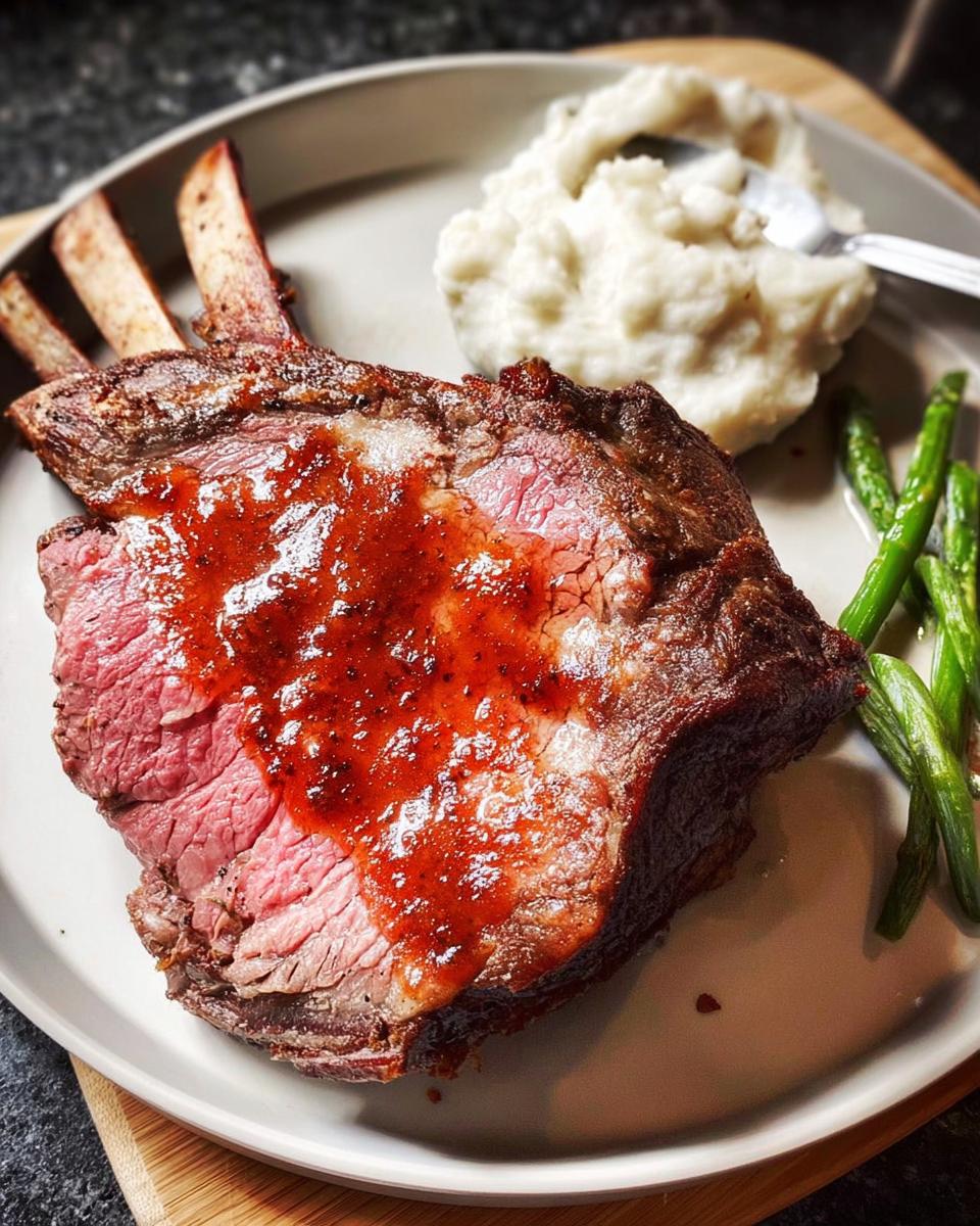 A perfectly cooked slice of Easy Prime Rib with a red sauce drizzle, served with mashed potatoes and asparagus.