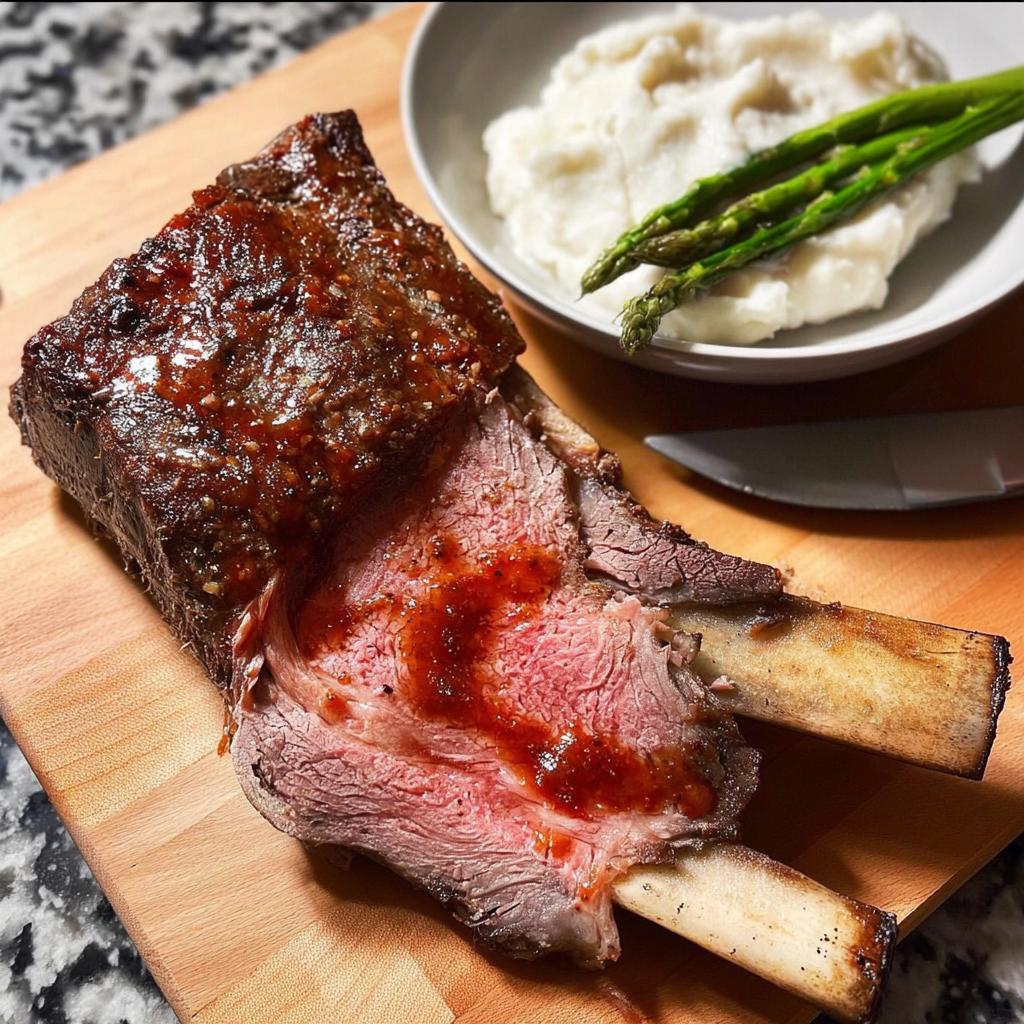 A slice of perfectly cooked Easy Prime Rib on the bone, drizzled with a savory glaze, served with mashed potatoes and asparagus.