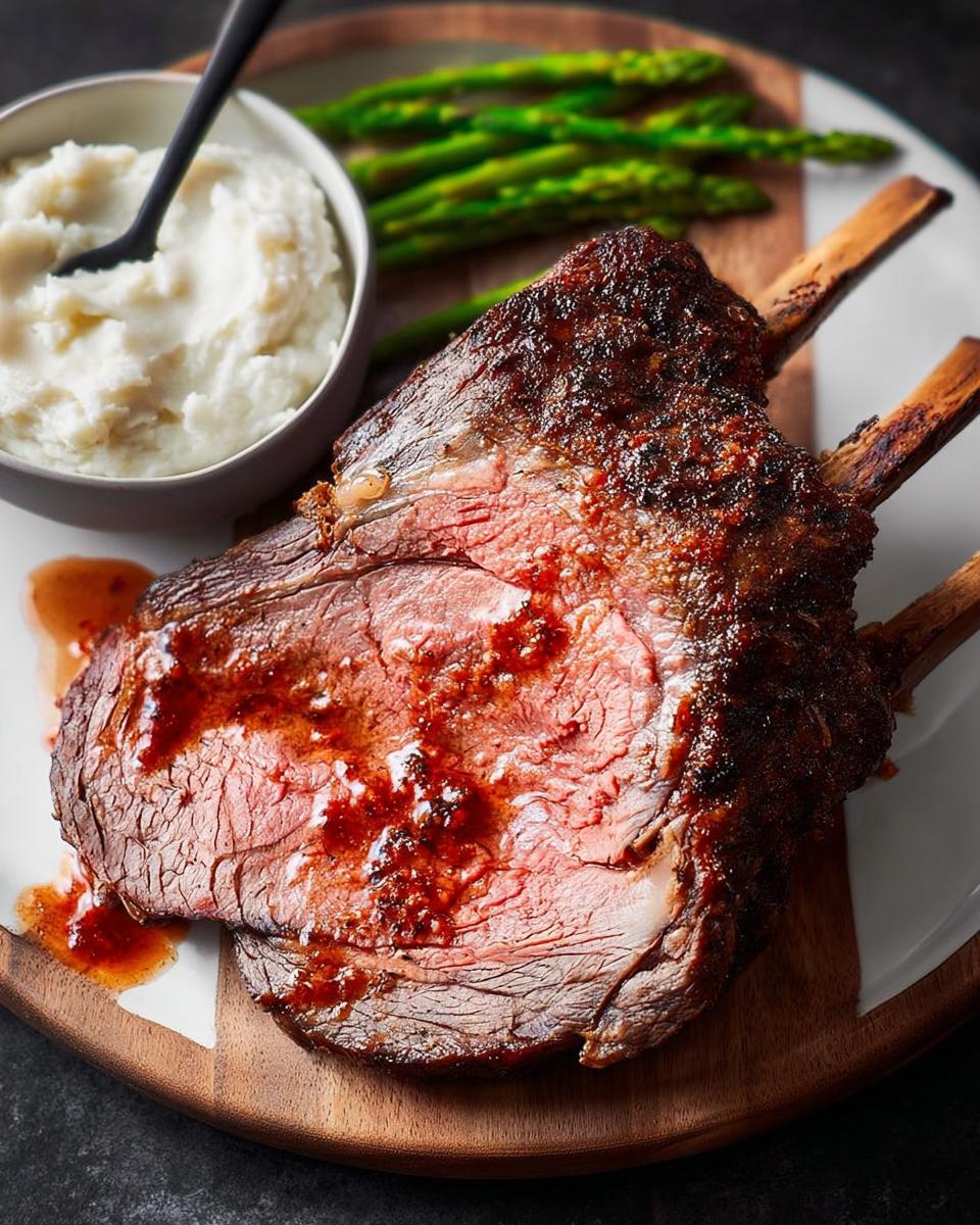 A juicy slice of Easy Prime Rib for Busy Hosts, medium-rare, served with mashed potatoes and asparagus.