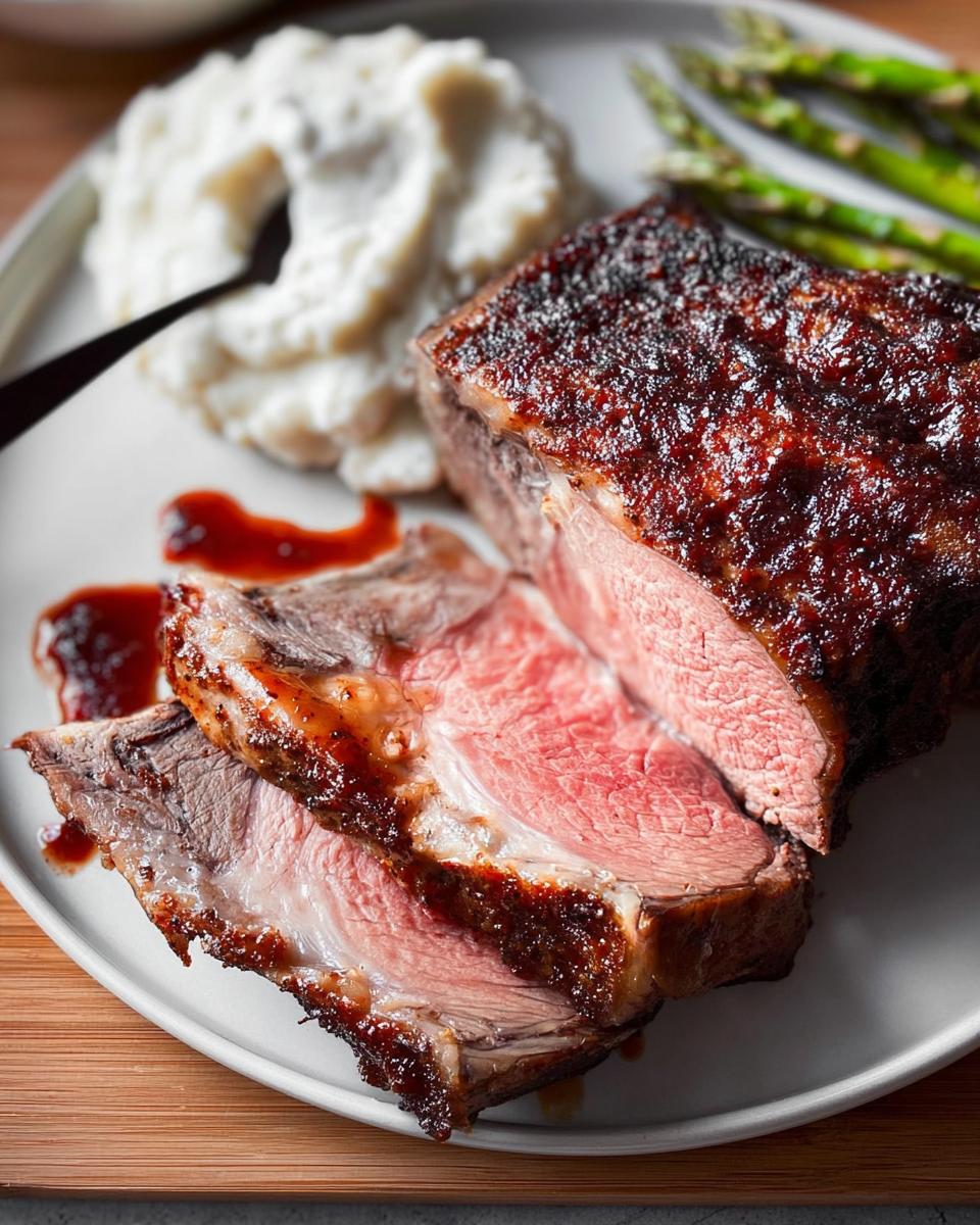 Close-up of perfectly cooked Easy Prime Rib, sliced medium-rare, served with mashed potatoes and asparagus.