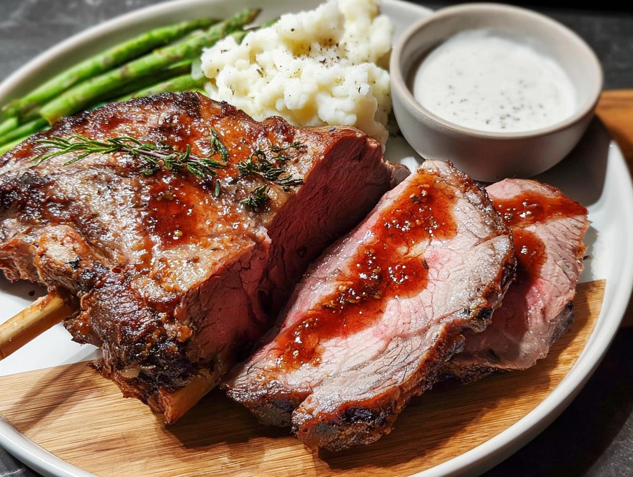 Close-up of sliced Easy Prime Rib for Busy Hosts, medium-rare, served with mashed potatoes and asparagus.