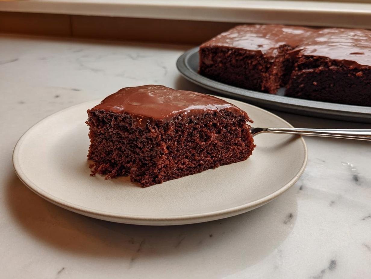 A moist slice of Easy Snacking Sheet Cake with rich chocolate frosting served on a small plate.