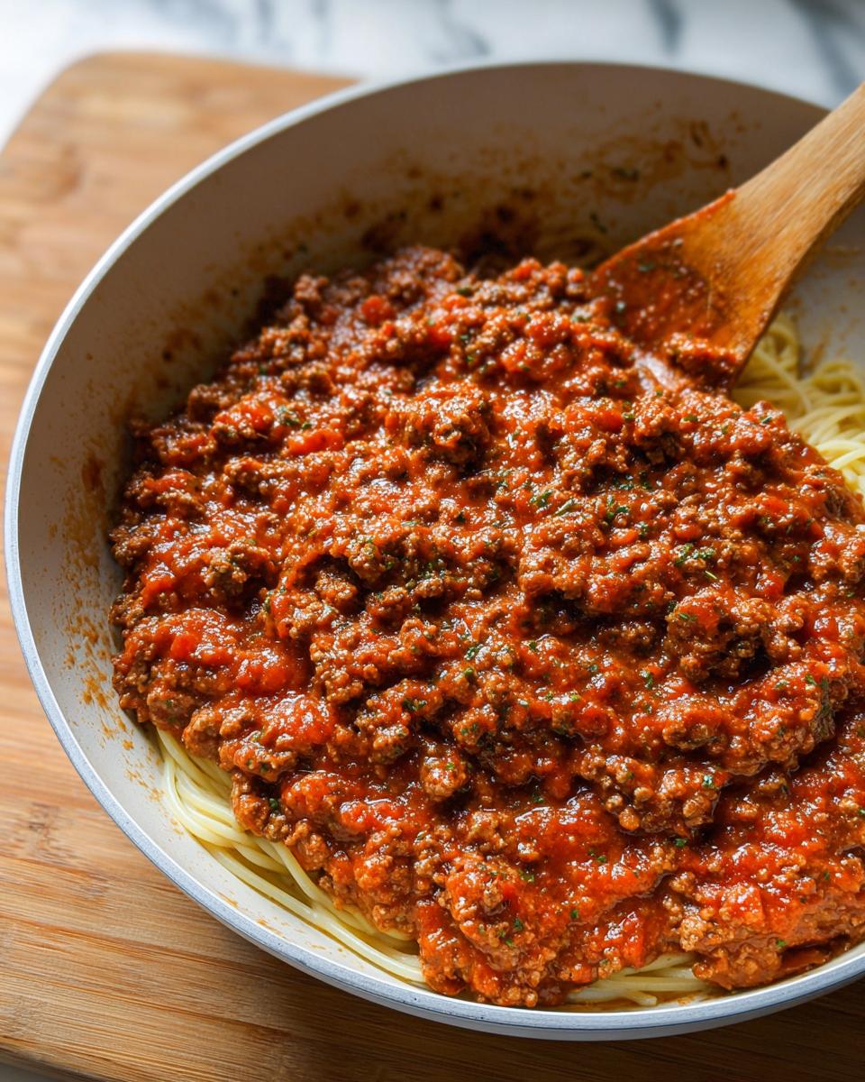 Thick Easy Weeknight Meat Sauce (Ground Beef Marinara) being mixed into spaghetti noodles in a white skillet with a wooden spoon.