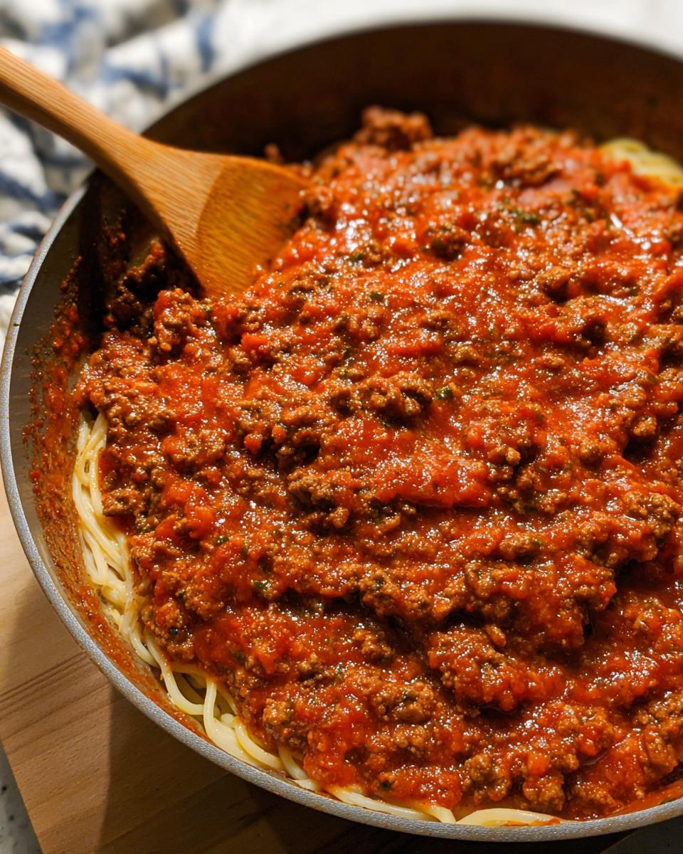Close-up of rich Easy Weeknight Meat Sauce (Ground Beef Marinara) generously covering spaghetti in a skillet with a wooden spoon.