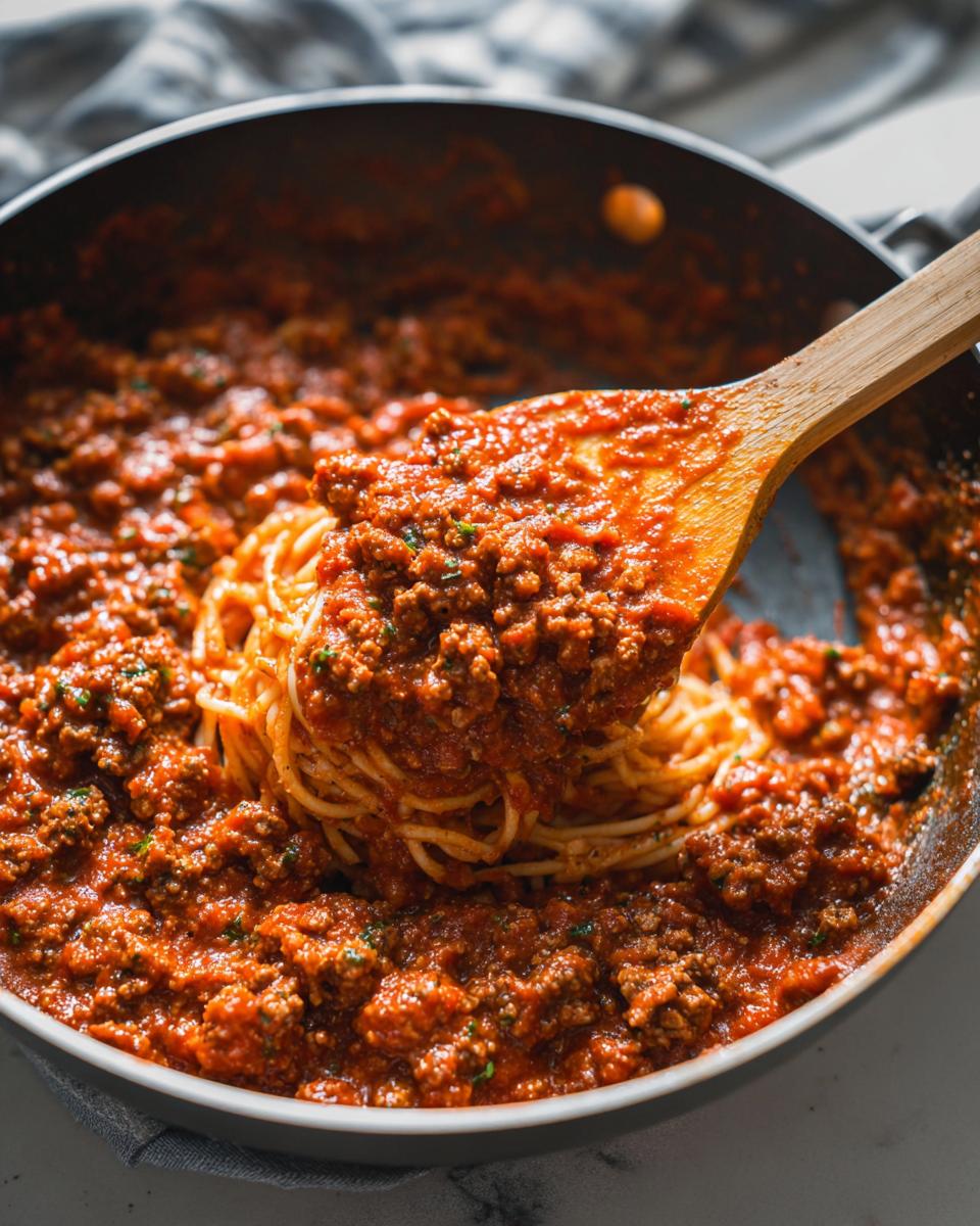 A wooden spoon lifts spaghetti coated heavily in rich Easy Weeknight Meat Sauce (Ground Beef Marinara) from a skillet.