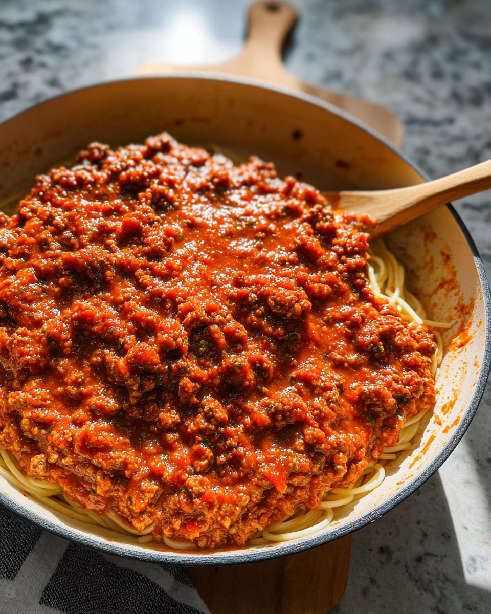 Close-up of rich Easy Weeknight Meat Sauce (Ground Beef Marinara) generously spooned over spaghetti noodles in a white skillet.