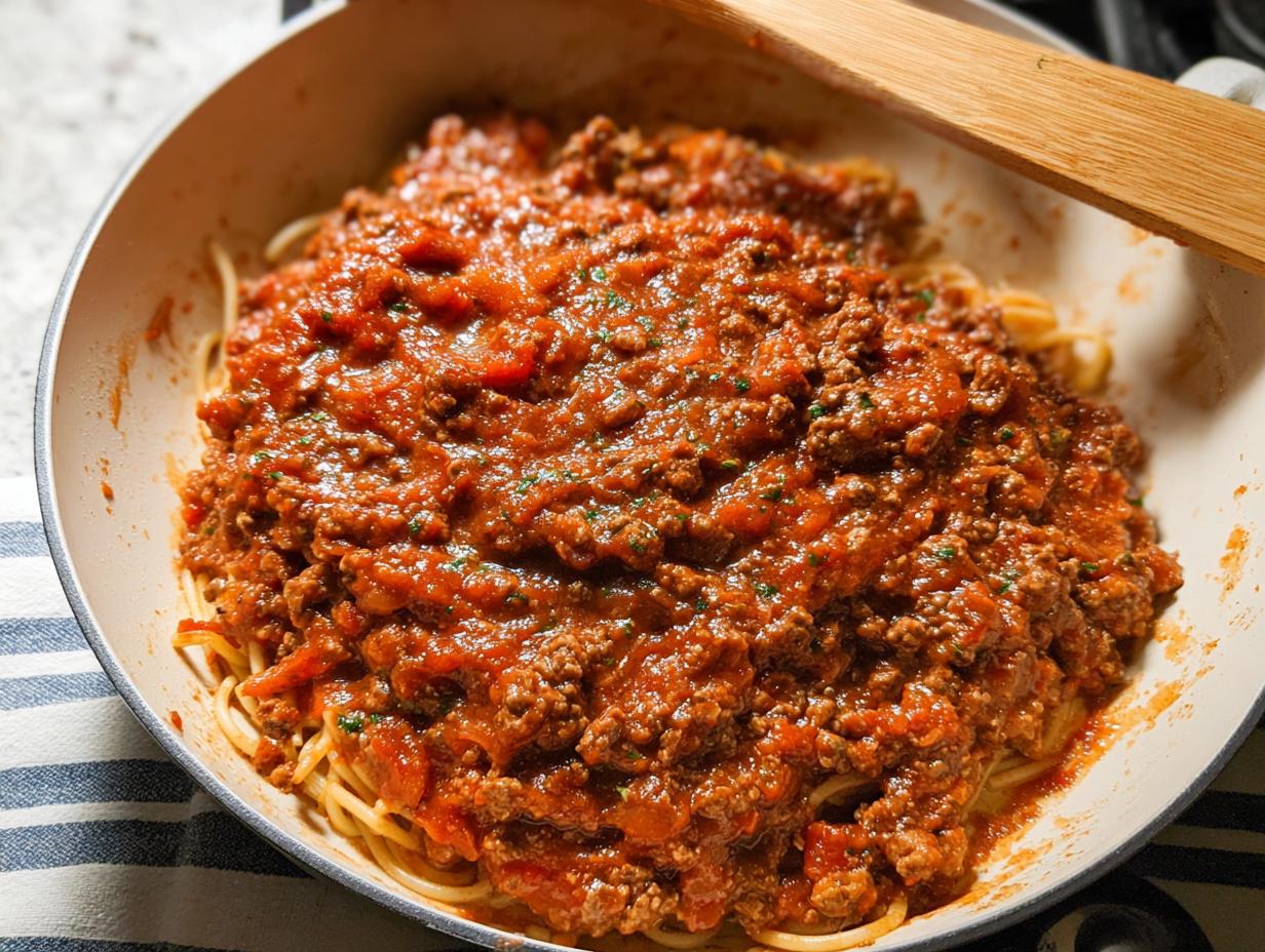 Close-up of spaghetti coated generously with Easy Weeknight Meat Sauce (Ground Beef Marinara) in a light-colored skillet.