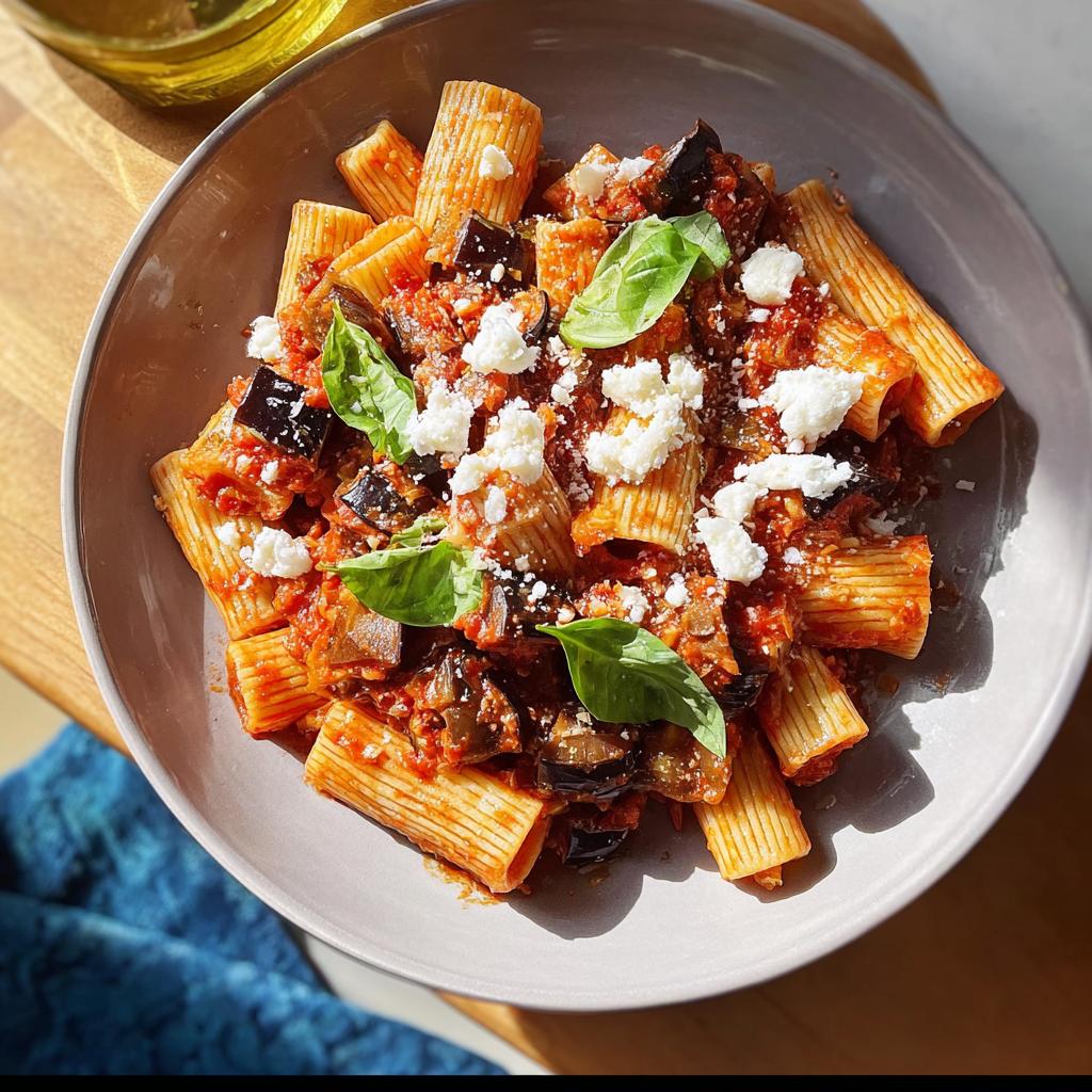 A bowl of rigatoni pasta with a rich tomato and eggplant sauce, topped with crumbled feta and fresh basil. Perfect for pasta recipes for busy weeknights.