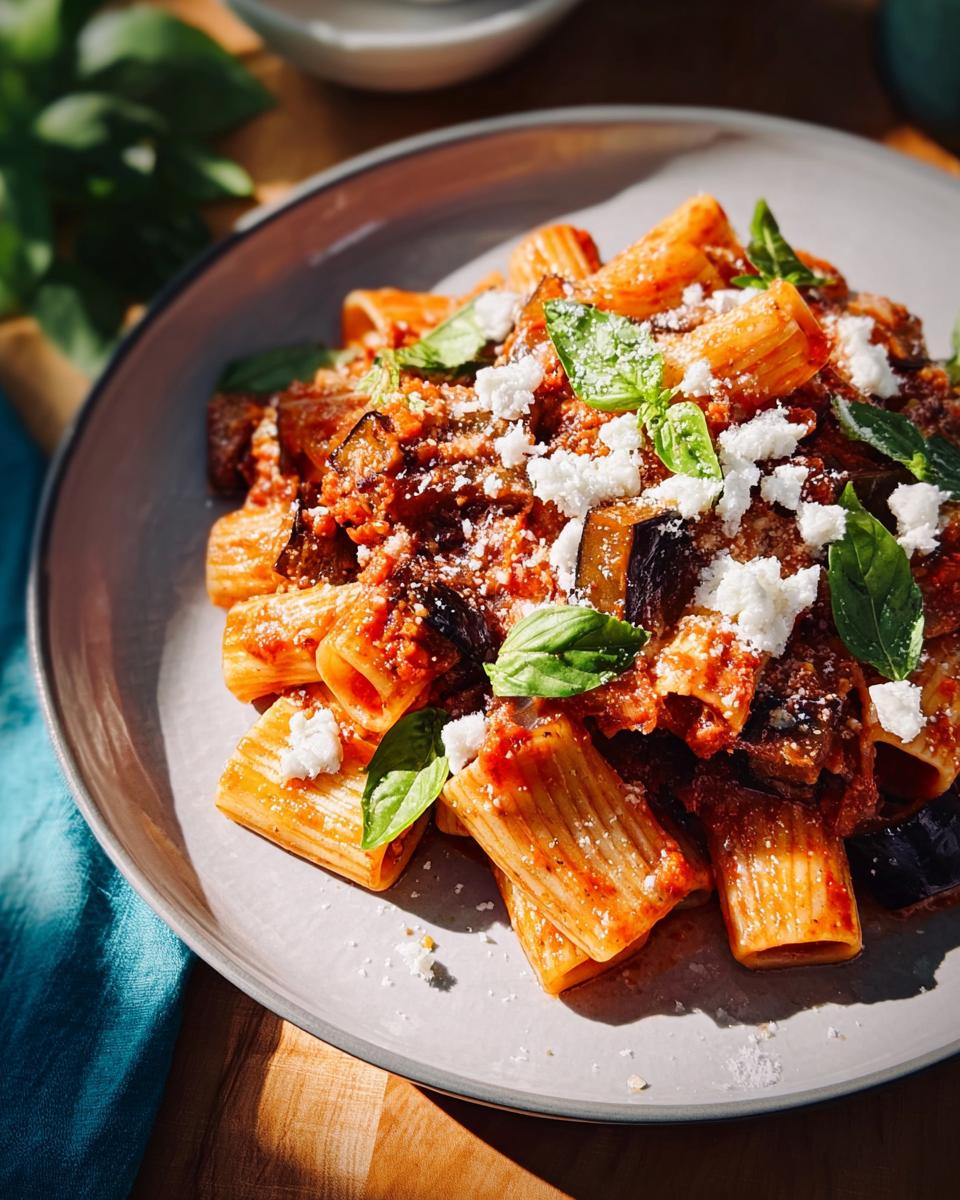 A close-up of rigatoni pasta with a rich tomato sauce, roasted eggplant, and crumbled feta cheese, garnished with fresh basil. Perfect for Pasta Recipes for Busy Weeknights.