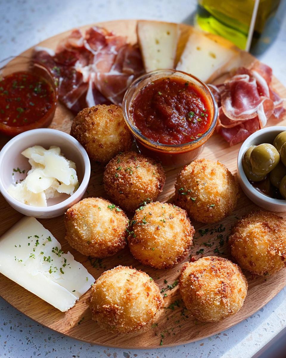 Golden fried arancini balls served on a platter with prosciutto, cheese, and dipping sauces for an elegant New Year’s Eve Dinner Menu.