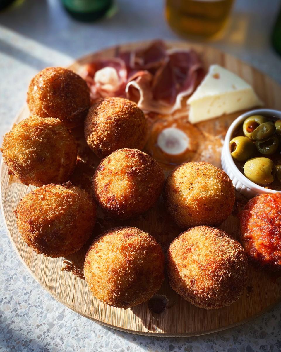 Golden fried croquettes served on a platter with prosciutto, cheese, and olives for an elegant New Year’s Eve Dinner Menu.