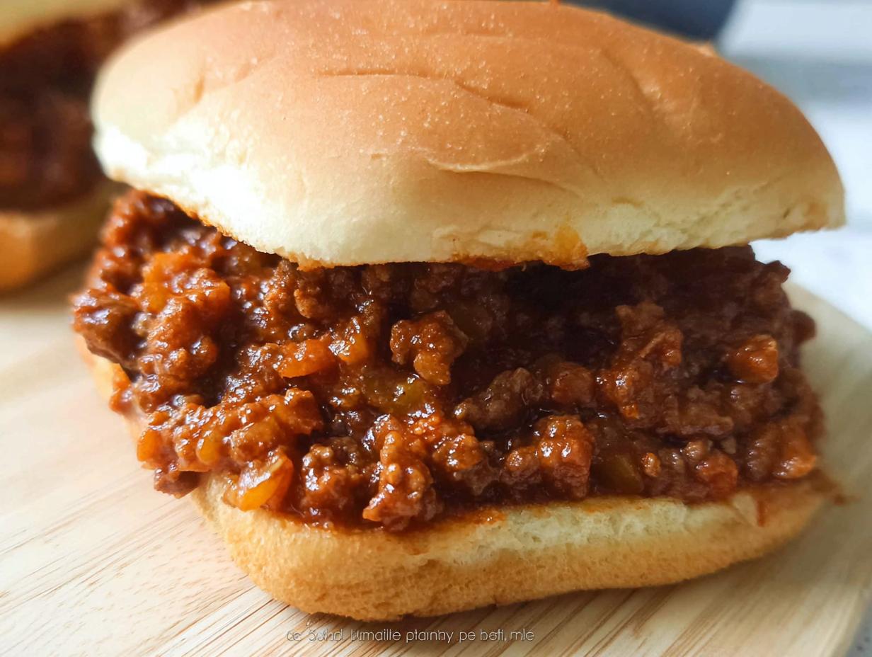 Close-up of a classic Sloppy Joes sandwich filled with rich, saucy ground meat mixture on a soft bun.