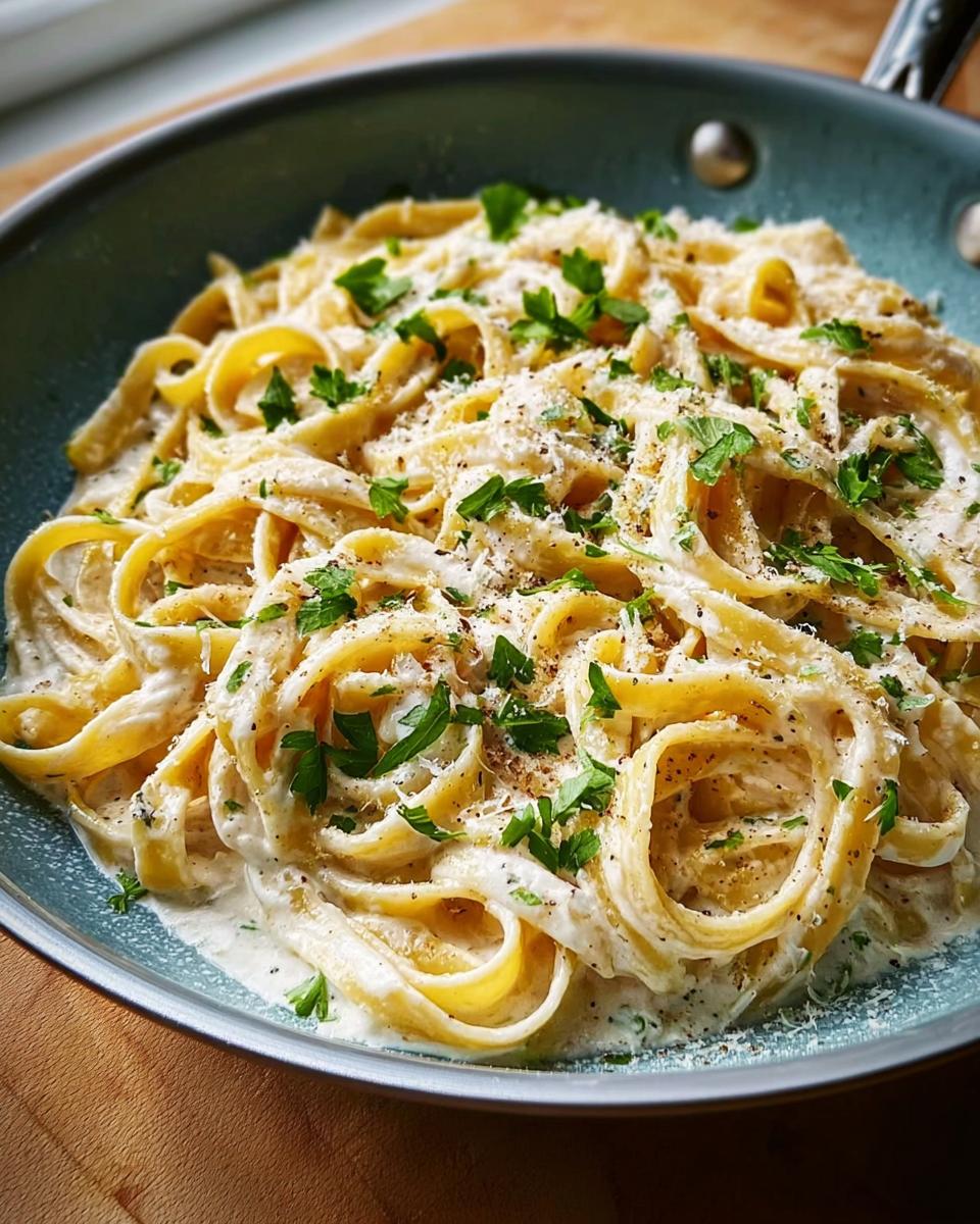 Close-up of fettuccine pasta coated in rich, creamy sauce, topped with grated cheese and parsley for the Best Alfredo Sauce Recipe Ever.