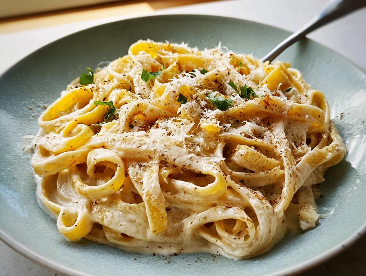 Close-up of fettuccine pasta coated in rich, creamy sauce, topped with grated cheese and herbs for the Best Alfredo Sauce Recipe Ever.