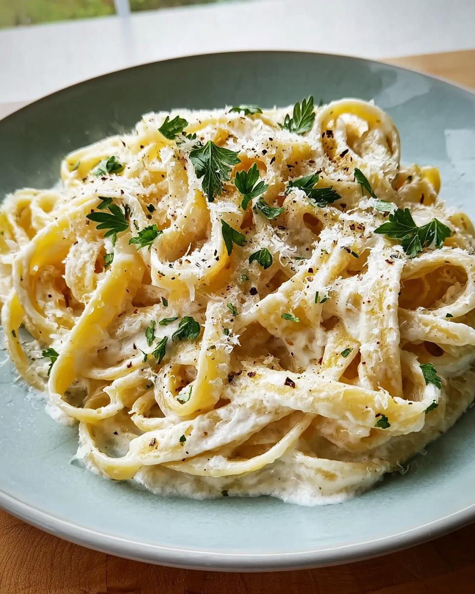 Close-up of fettuccine pasta coated in creamy sauce, topped with Parmesan and parsley, showcasing the Best Alfredo Sauce Recipe Ever.